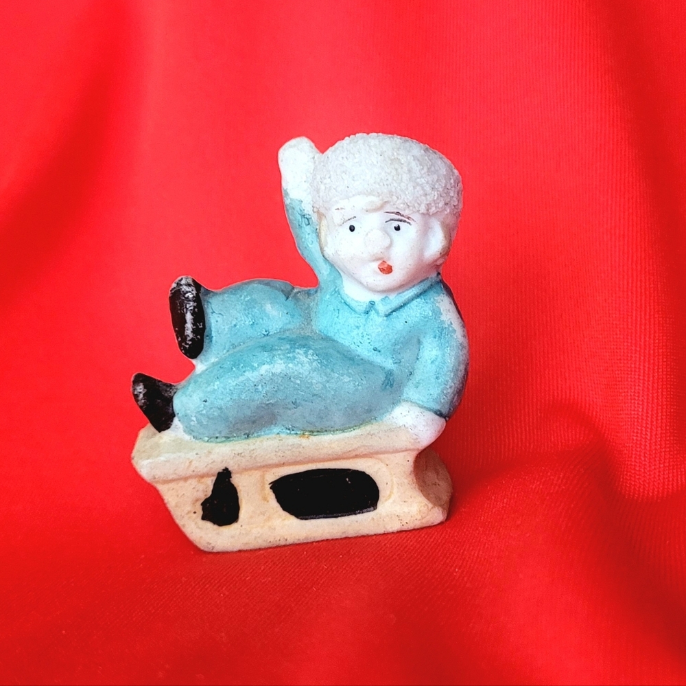 Antique Snow Baby Figurine, Sledding, Blue Outfit, JAPAN, Bisque